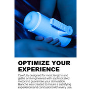 A person holds the Blanche Thrusting Auto Blowjob Masturbator by Honey Play Box, a sleek white device with buttons and a rounded tip. Blue lighting highlights its real-feel thrusting sensations. Text reads: "OPTIMIZE YOUR EXPERIENCE.