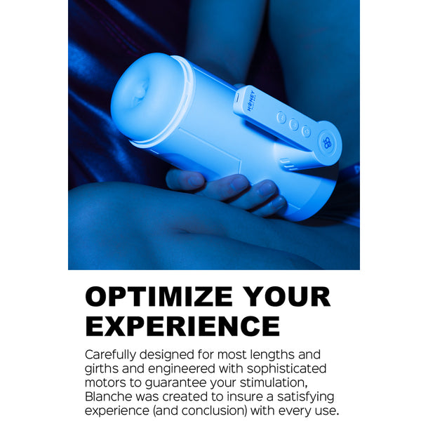 A person holds the Blanche Thrusting Auto Blowjob Masturbator by Honey Play Box, a sleek white device with buttons and a rounded tip. Blue lighting highlights its real-feel thrusting sensations. Text reads: "OPTIMIZE YOUR EXPERIENCE.