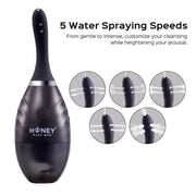 The Bulby Auto Spray Anal Douche System by Honey Play Box is a black, USB-rechargeable handheld device offering five adjustable spray speeds, letting you customize your douching experience from gentle to intense wherever you go.