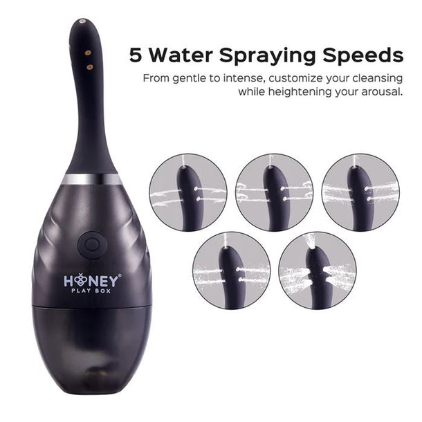 The Bulby Auto Spray Anal Douche System by Honey Play Box is a black, USB-rechargeable handheld device offering five adjustable spray speeds, letting you customize your douching experience from gentle to intense wherever you go.