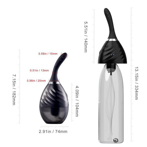The Bulby Auto Spray Anal Douche System by Honey Play Box is a black, bulb-shaped device with a spiral-textured handle. Shown assembled and disassembled, it features size measurements and offers USB-rechargeable, portable automatic douching.