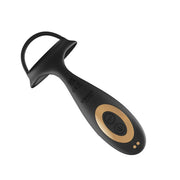 The Cyrus App-Enabled Thrusting Prostate Vibe + Cock Ring, a black and gold silicone adult toy with a handle and control buttons, is shown against a white background.