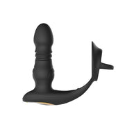 The Cyrus App-Enabled Thrusting Prostate Vibe + Cock Ring is a black silicone massager with a curved, bulbous shaft, wide safety base, and an attached arm featuring a ring for secure grip and perineum stimulation.
