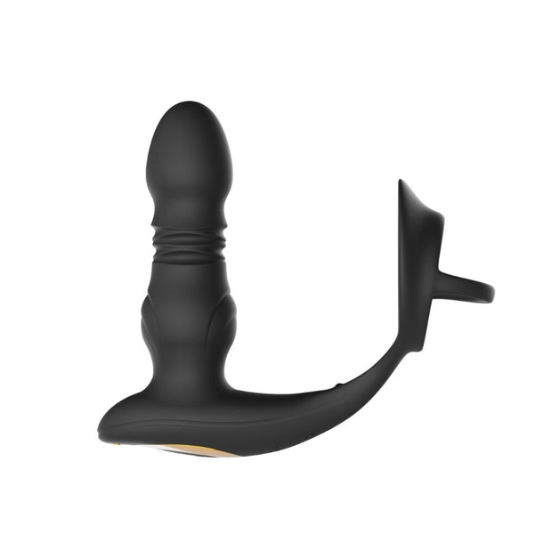 The Cyrus App-Enabled Thrusting Prostate Vibe + Cock Ring is a black silicone massager with a curved, bulbous shaft, wide safety base, and an attached arm featuring a ring for secure grip and perineum stimulation.