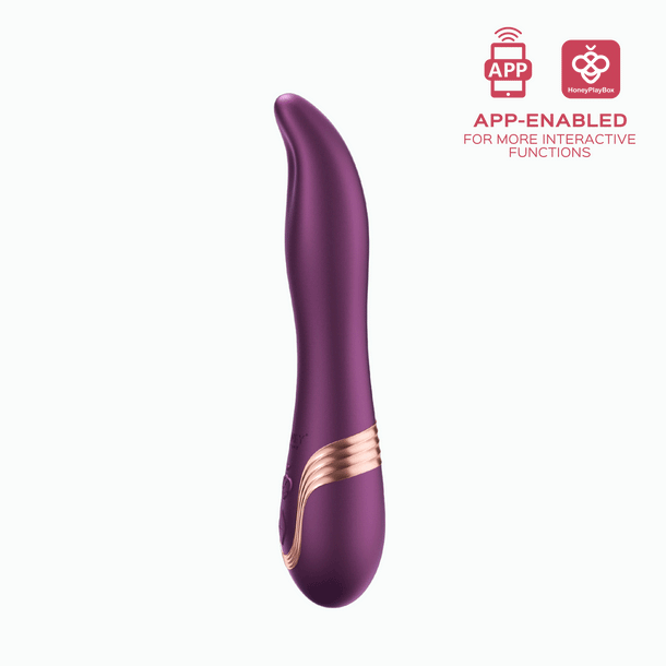 The Fling Powerful Licking Vibrator with App Control, a purple curved G-spot stimulator with a gold accent, stands upright on a white background. Icons and text indicate this sex toy offers interactive app-controlled functions.