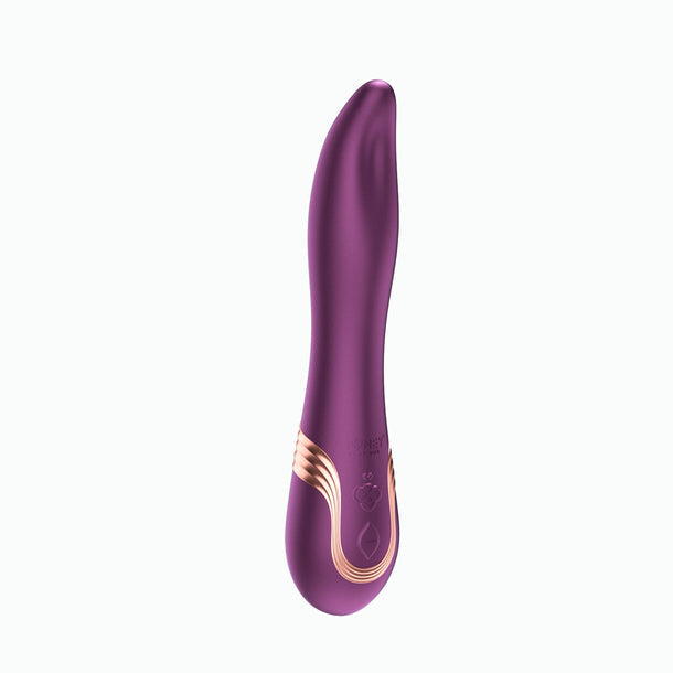 The Fling Powerful Licking Vibrator with App Control is a sleek, purple massager featuring a curved design for G-spot stimulation and gold-accented handle, displayed on a white background.