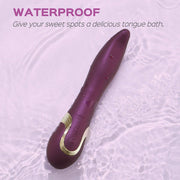 A purple Fling Powerful Licking Vibrator with App Control, featuring gold accents, is partially submerged in water. Text above reads: "WATERPROOF. Give your sweet spots a delicious tongue bath.