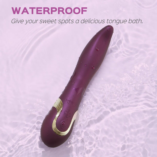 A purple Fling Powerful Licking Vibrator with App Control, featuring gold accents, is partially submerged in water. Text above reads: "WATERPROOF. Give your sweet spots a delicious tongue bath.