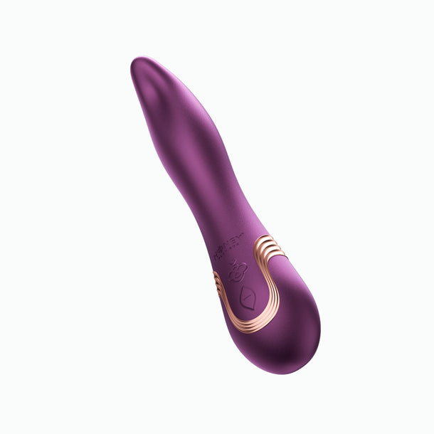 The Fling Powerful Licking Vibrator with App Control, in sleek purple with gold accents and ergonomic design, has base control buttons and is displayed on a white background.