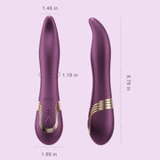 Two views of the Fling Powerful Licking Vibrator with App Control in purple and gold are shown against a light background. The device measures 8.78" long, 1.46" and 1.89" wide at different points, with a diameter of 1.18".