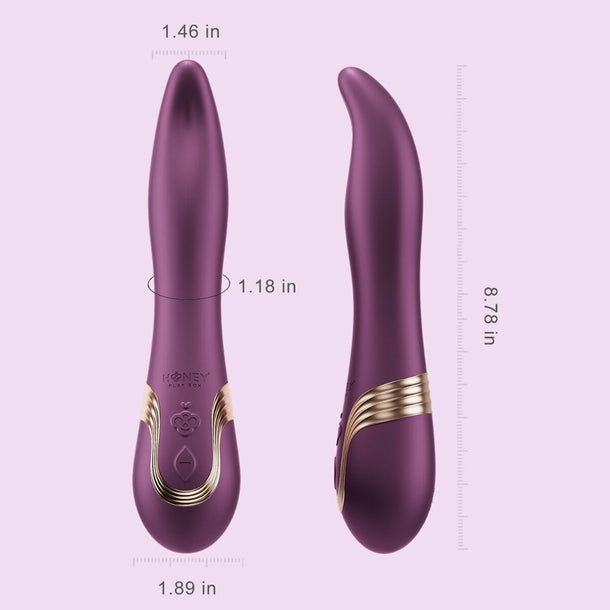 Two views of the Fling Powerful Licking Vibrator with App Control in purple and gold are shown against a light background. The device measures 8.78" long, 1.46" and 1.89" wide at different points, with a diameter of 1.18".