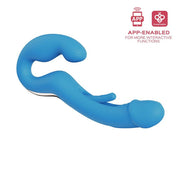 The Harmony App-Enabled Strapless Strap On is a blue, curved, double-ended silicone vibrator with textured details for G-spot pleasure. Icons and text highlight that the device is app-enabled for interactive functions.