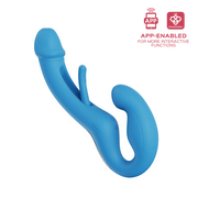The Harmony App-Enabled Strapless Strap On is a blue, curved double-ended dildo with a smaller arm for G-spot stimulation and app-enabled interactive features, shown with app icons in the top right corner.