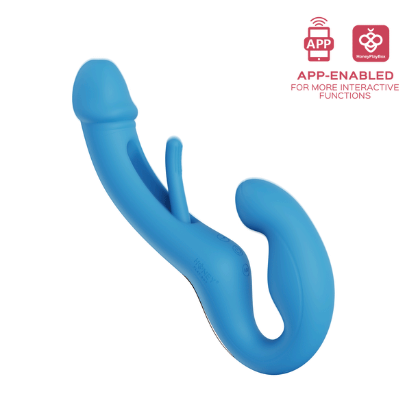 The Harmony App-Enabled Strapless Strap On is a blue, curved double-ended dildo with a smaller arm for G-spot stimulation and app-enabled interactive features, shown with app icons in the top right corner.