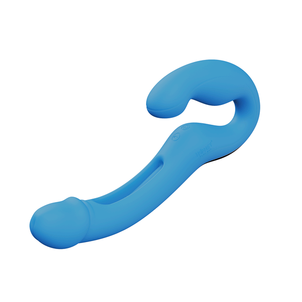 The Harmony App-Enabled Strapless Strap On is a blue, curved silicone double-ended dildo with two bulbous ends and integrated shaft buttons, designed for G-spot stimulation.