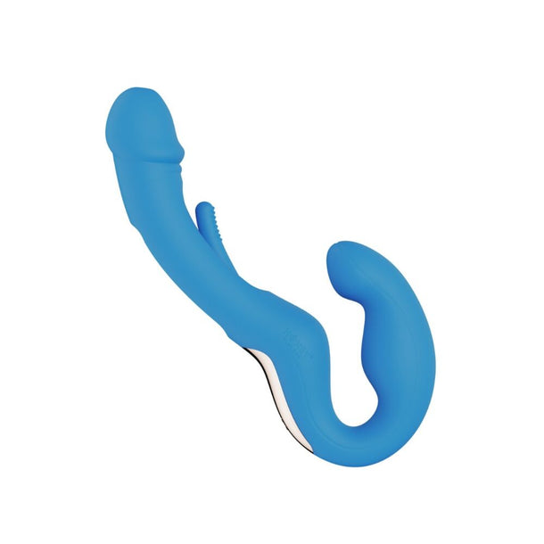 The Harmony App-Enabled Strapless Strap On is a blue, curved silicone toy with a bulbous end, perfect for G-spot stimulation and ideal for solo or couple play.