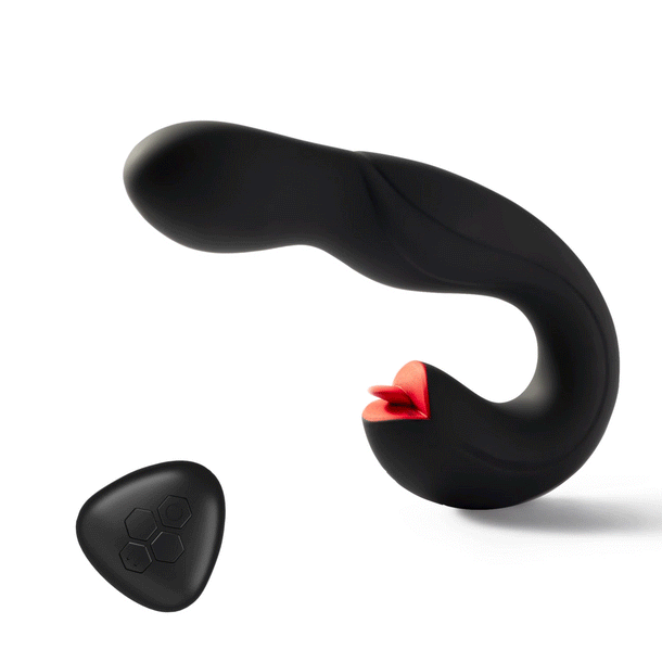 The Joi Pro App Controlled Rotating Black Vibrator With Tongue features a curved black silicone body, a red tongue-like clit licker, and a separate black three-button remote control, all shown on a white background.