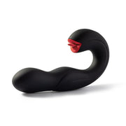 The Joi Pro App Controlled Rotating Black Vibrator With Tongue is a sleek, modern black G-spot toy featuring a curved shape, smooth surface, and head with red beak-like accents for unique stimulation.