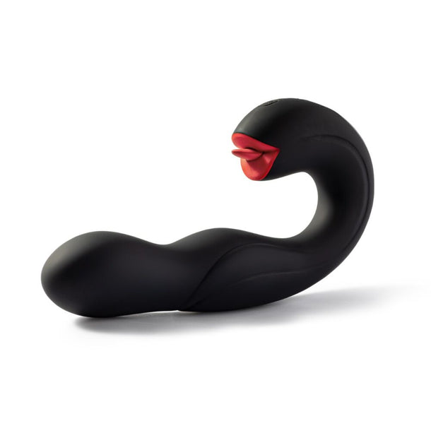 The Joi Pro App Controlled Rotating Black Vibrator With Tongue is a sleek, modern black G-spot toy featuring a curved shape, smooth surface, and head with red beak-like accents for unique stimulation.