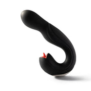 The Joi Pro App Controlled Rotating Black Vibrator With Tongue is a modern, ergonomic black vibrator featuring app control, a smooth curved design, and targeted stimulation with a small red accent near the base.