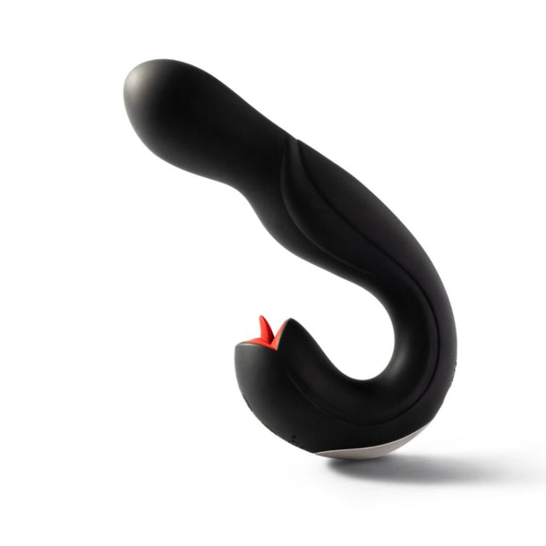 The Joi Pro App Controlled Rotating Black Vibrator With Tongue is a modern, ergonomic black vibrator featuring app control, a smooth curved design, and targeted stimulation with a small red accent near the base.