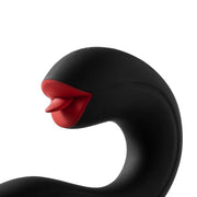 The Joi Pro App Controlled Rotating Black Vibrator features a modern, swan-inspired shape with a curved neck, bright red beak and tongue, all set against a white background.