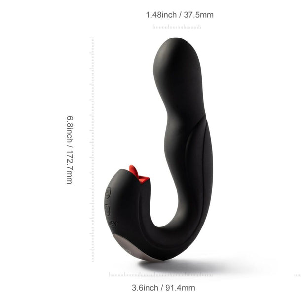 The Joi Pro App Controlled Rotating Black Vibrator With Tongue is a curved black silicone G-spot vibrator with control buttons and a red accent, measuring 6.8" tall, 1.48" wide, and 3.6" long at the base.