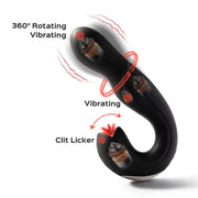The Joi Pro App Controlled Rotating Black Vibrator With Tongue is shown in an S-shape, featuring labeled functions: “360° Rotating Vibrating,” “Vibrating,” and “Clit Licker,” with red lines depicting its movement and vibration.