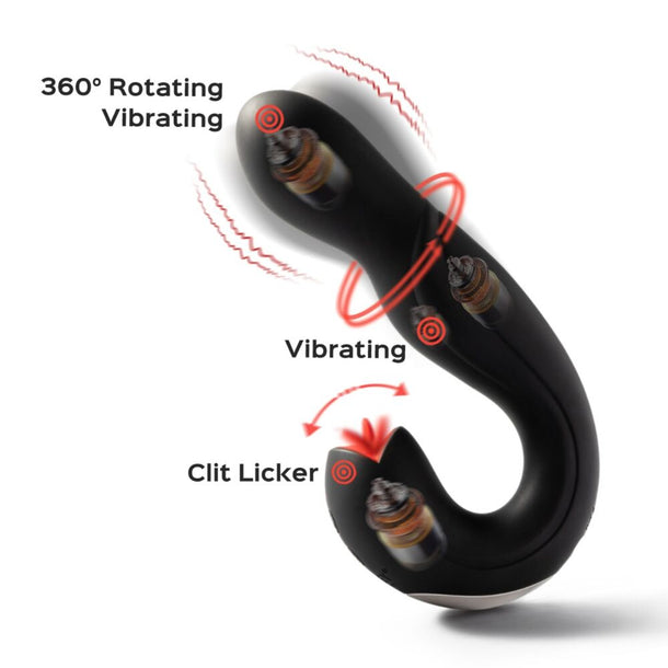 The Joi Pro App Controlled Rotating Black Vibrator With Tongue is shown in an S-shape, featuring labeled functions: “360° Rotating Vibrating,” “Vibrating,” and “Clit Licker,” with red lines depicting its movement and vibration.