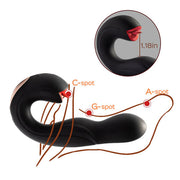 The Joi Pro App Controlled Rotating Black Vibrator With Tongue features a swan-shaped design with labeled C-spot, G-spot, and A-spot stimulation points. Its 1.18-inch beak opening acts as a precise clit licker for targeted pleasure.