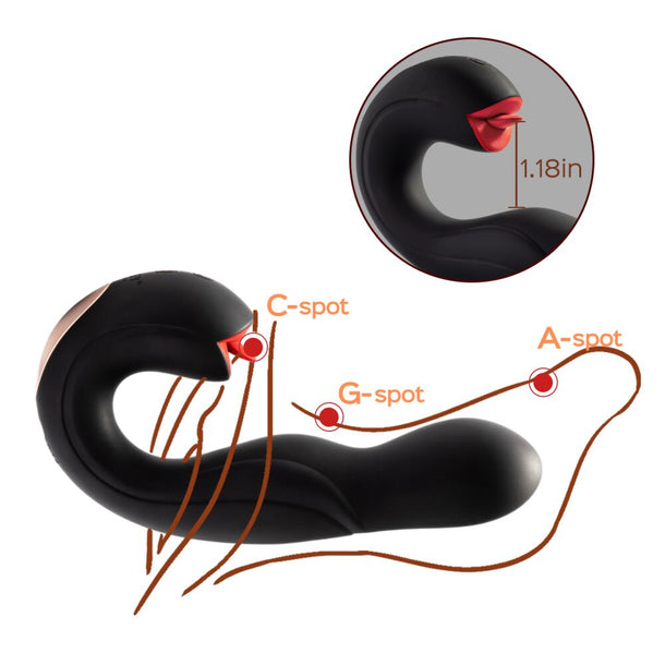The Joi Pro App Controlled Rotating Black Vibrator With Tongue features a swan-shaped design with labeled C-spot, G-spot, and A-spot stimulation points. Its 1.18-inch beak opening acts as a precise clit licker for targeted pleasure.