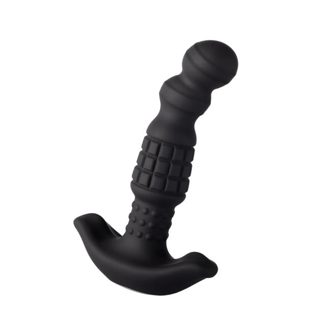 The Pineapple Man Rolling Bead Prostate Vibrator with App Control, a black silicone massager featuring a textured, ridged bulbous shaft and curved base, is displayed on a white background.