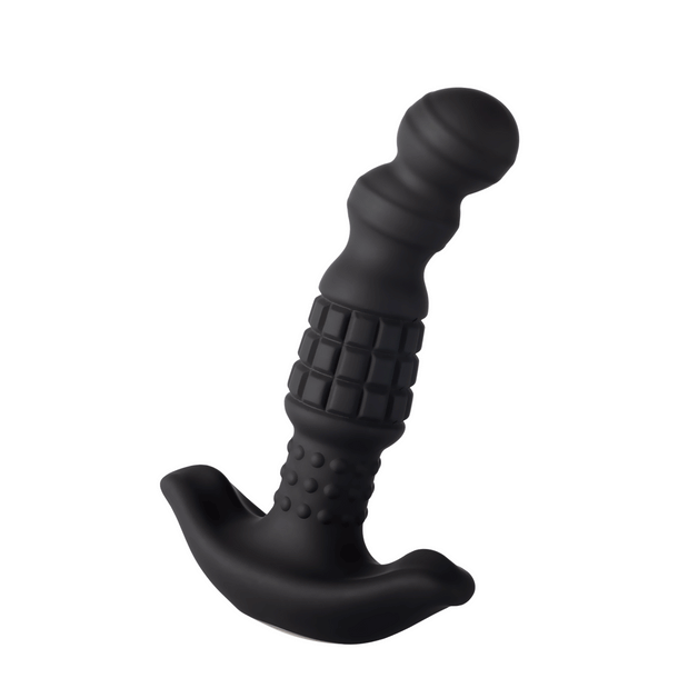 The Pineapple Man Rolling Bead Prostate Vibrator with App Control is a black silicone massager featuring a textured, ridged shaft and curved base for ergonomic comfort, offering targeted vibration and heightened pleasure.