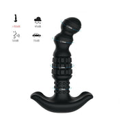 The Pineapple Man Rolling Bead Prostate Vibrator with App Control is a black silicone anal toy featuring a curved, textured shaft, flared base, shaft segments, rolling beads, and noise levels from under 50 dB to 70 dB, all displayed on a white background.