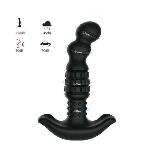 The Pineapple Man Rolling Bead Prostate Vibrator with App Control is a black silicone anal toy featuring a curved, textured shaft, flared base, shaft segments, rolling beads, and noise levels from under 50 dB to 70 dB, all displayed on a white background.