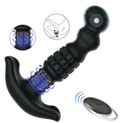 The Pineapple Man Rolling Bead Prostate Vibrator in black features textured sections, a curved handle, app and remote control, and rolling bead rotation for prostate stimulation. Insets show the beads in action, remote/app use, and usage illustration.