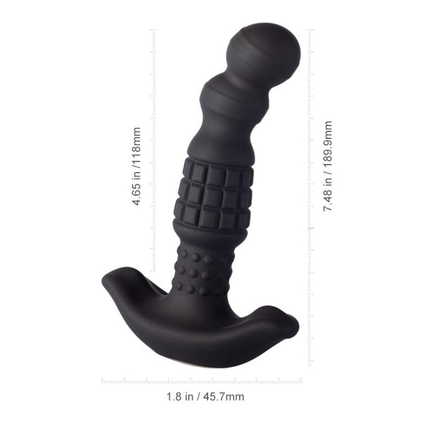 The Pineapple Man Rolling Bead Prostate Vibrator with App Control is a black silicone anal toy featuring a textured grip, curved ergonomic handle, and measurement lines (7.48" length, 1.8" width) for precise and comfortable prostate stimulation.