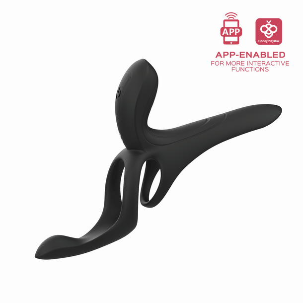 The Pleasure Pivot Vibrating Cock Ring with Clit Stimulator is a black, ergonomic wearable featuring dual rings, a contoured external arm, and app connectivity for interactive features. Red icons and text highlight its smart capabilities.