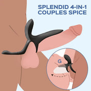 Illustration of a black couples’ sex toy worn on a penis, with labeled diagram showing its clitoral stimulator and vibrating ring. Text reads: “Pleasure Pivot Vibrating Cock Ring with Clit Stimulator.”.