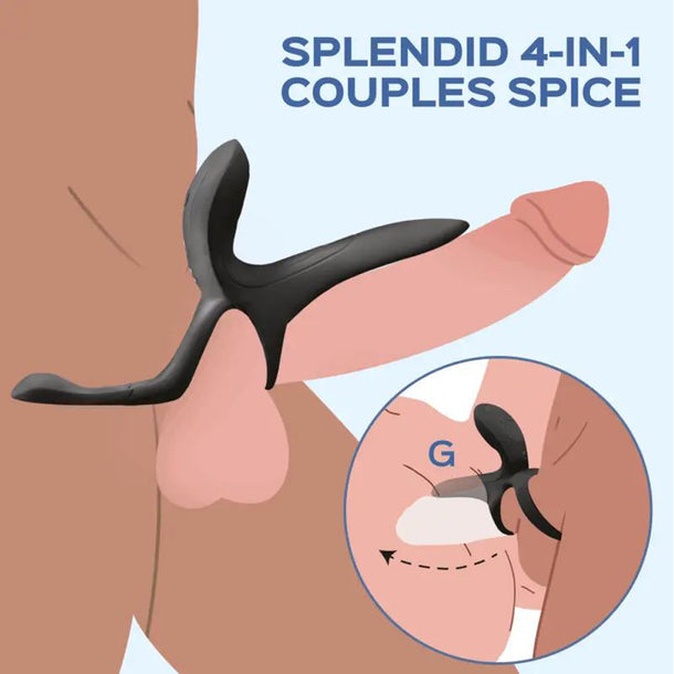 Illustration of a black couples’ sex toy worn on a penis, with labeled diagram showing its clitoral stimulator and vibrating ring. Text reads: “Pleasure Pivot Vibrating Cock Ring with Clit Stimulator.”.