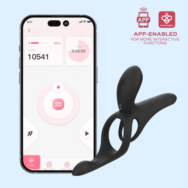 The Pleasure Pivot Vibrating Cock Ring with Clit Stimulator is shown alongside a smartphone displaying its control app interface, highlighting interactive functions and app-enabled use with icons above.