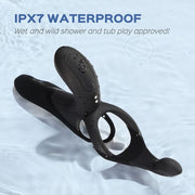 The Pleasure Pivot Vibrating Cock Ring with Clit Stimulator is a black, IPX7 waterproof toy with multiple loops and a control button, shown wet on a blue background. Text: "IPX7 WATERPROOF. Wet and wild shower and tub play approved!.