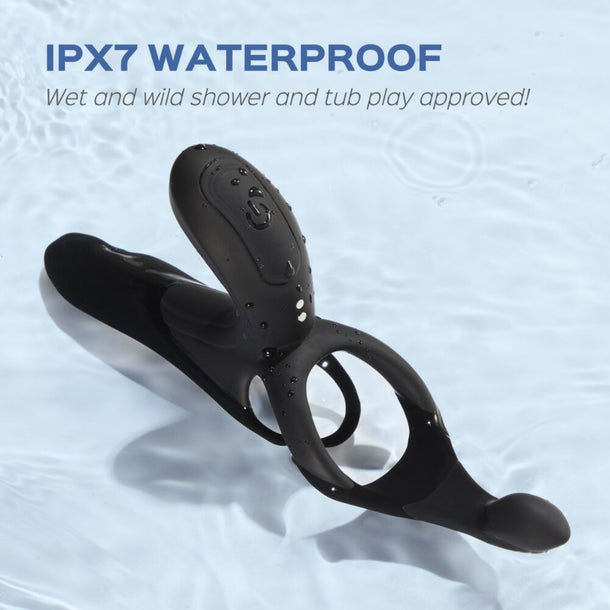 The Pleasure Pivot Vibrating Cock Ring with Clit Stimulator is a black, IPX7 waterproof toy with multiple loops and a control button, shown wet on a blue background. Text: "IPX7 WATERPROOF. Wet and wild shower and tub play approved!.