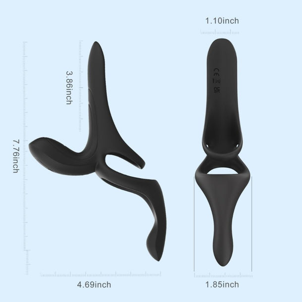 The Pleasure Pivot Vibrating Cock Ring with Clit Stimulator, made of black silicone and featuring curved, elongated shapes, is displayed from multiple angles against a light blue background, with measurements ranging from 1.1 to 7.76 inches shown.