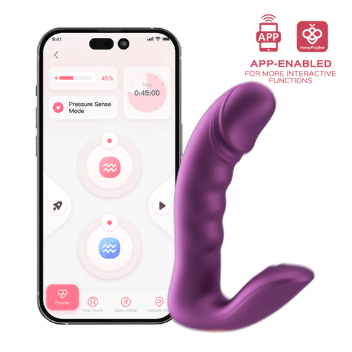 The Rora 2 App-Controlled Rotating G-Spot Vibrator & Clit Stimulator by Honey Play Box is shown in purple beside a smartphone featuring its app interface with settings like pressure mode, timer, and interactive options plus an "App-Enabled" icon.