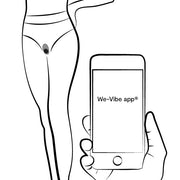 Line drawing of a person wearing underwear with the We-Vibe Moxie+, a black, hands-free remote or app-controlled panty vibrator inside, and a hand holding a smartphone showing the “We-Vibe app®” on the screen.