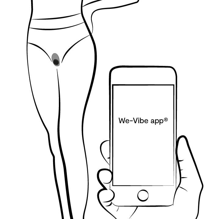 Line drawing of a person wearing underwear with the We-Vibe Moxie+, a black, hands-free remote or app-controlled panty vibrator inside, and a hand holding a smartphone showing the “We-Vibe app®” on the screen.