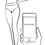 Line drawing of a person wearing underwear with the We-Vibe Moxie+ Panty Vibrator in teal, and a hand holding a smartphone displaying the We-Vibe app for hands-free remote or app control.
