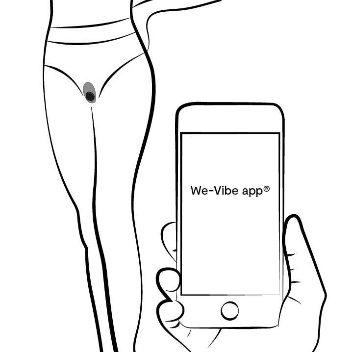 Line drawing of a person wearing underwear with the We-Vibe Moxie+ Panty Vibrator in teal, and a hand holding a smartphone displaying the We-Vibe app for hands-free remote or app control.