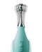 Electric turquoise Jimmyjane Focus Pro Pinpoint Tip Clitoral Vibrator with 2 Head Attachments, blending an invisible substance, isolated on a white background.